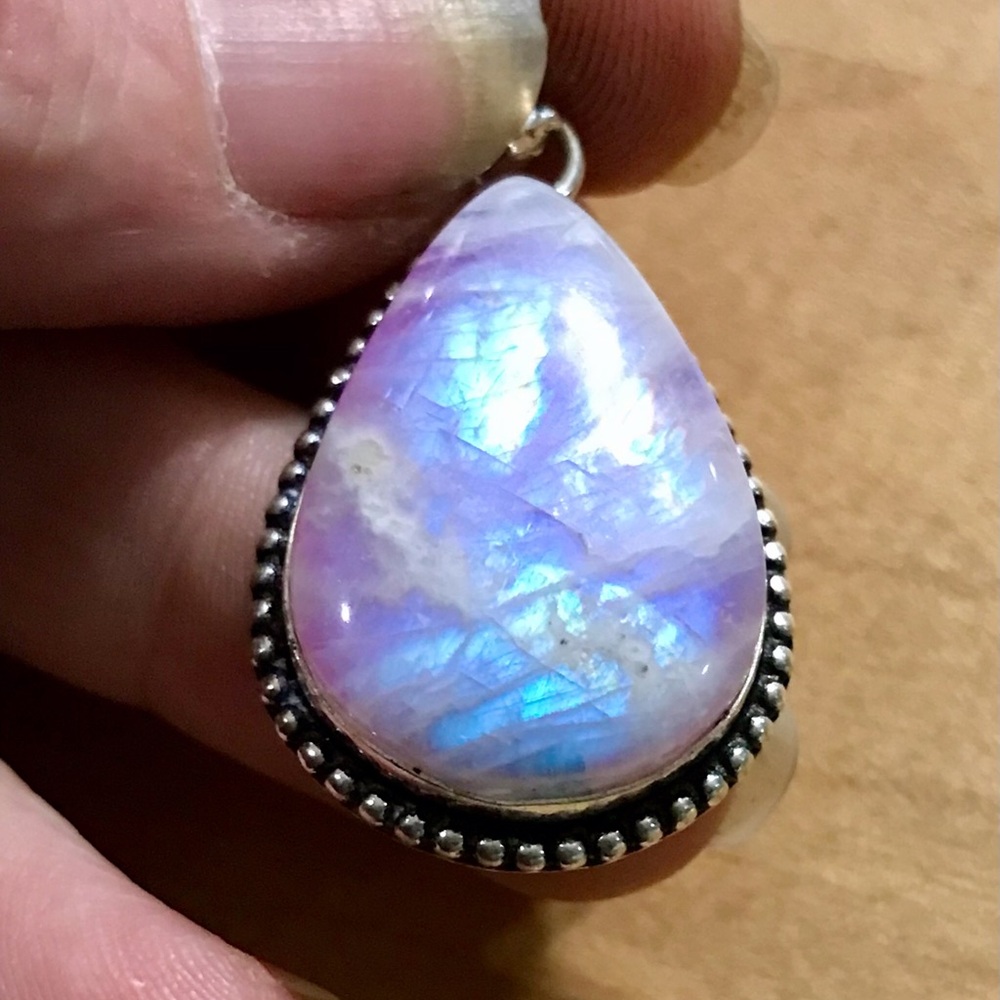 XXL Outstanding Pink Rainbow Moonstone Teardrop Pendant 925 Plated/Stamped